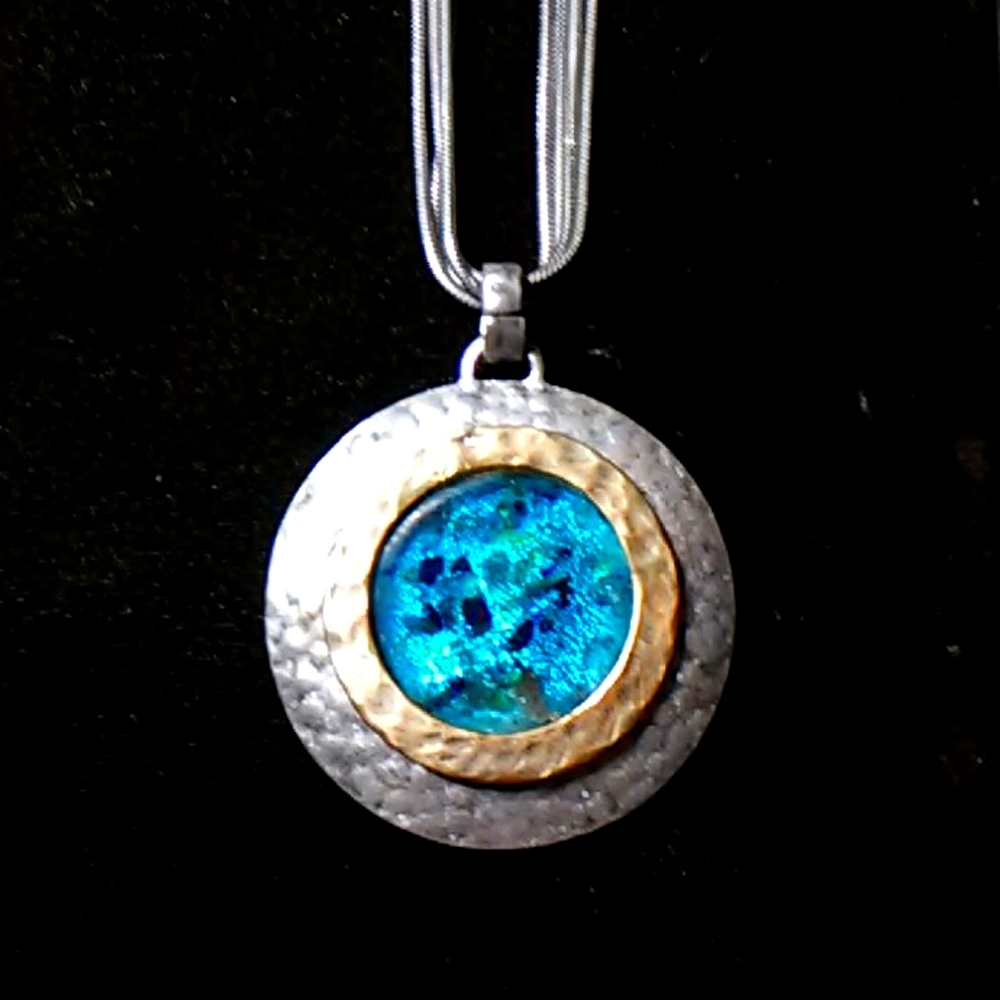 Handcrafted Silver & Gold Round Pendant Necklace with Blue Dichroic Center